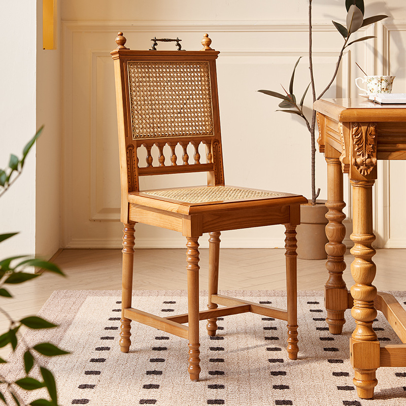 Middle Ancient Style Solid Wood Rattan Chair Small Apartment Restaurant Household Rattan Dining Chair Retro Homestay Bedroom Dressing Chair Backrest Chair