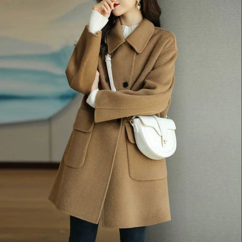 Mid-length Wool Blend Coat, Women’s Korean Style, Thickened Demi-Season Jacket