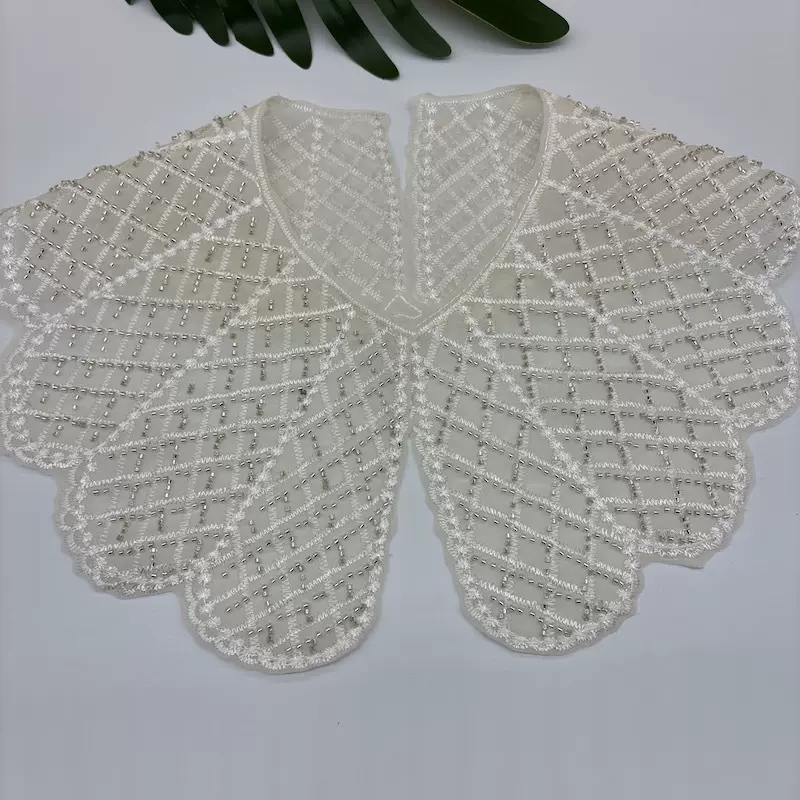 电脑珠绣杏色雪纺绣花绒布外套领花羽绒服假领贴花外贸服装辅料