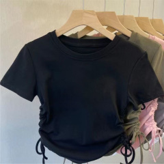 女の子、中学生、年長児向けの夏用巾着デザイン半袖Tシャツ韓国風イントレンディシンプルショートラウンドネック無地トップス