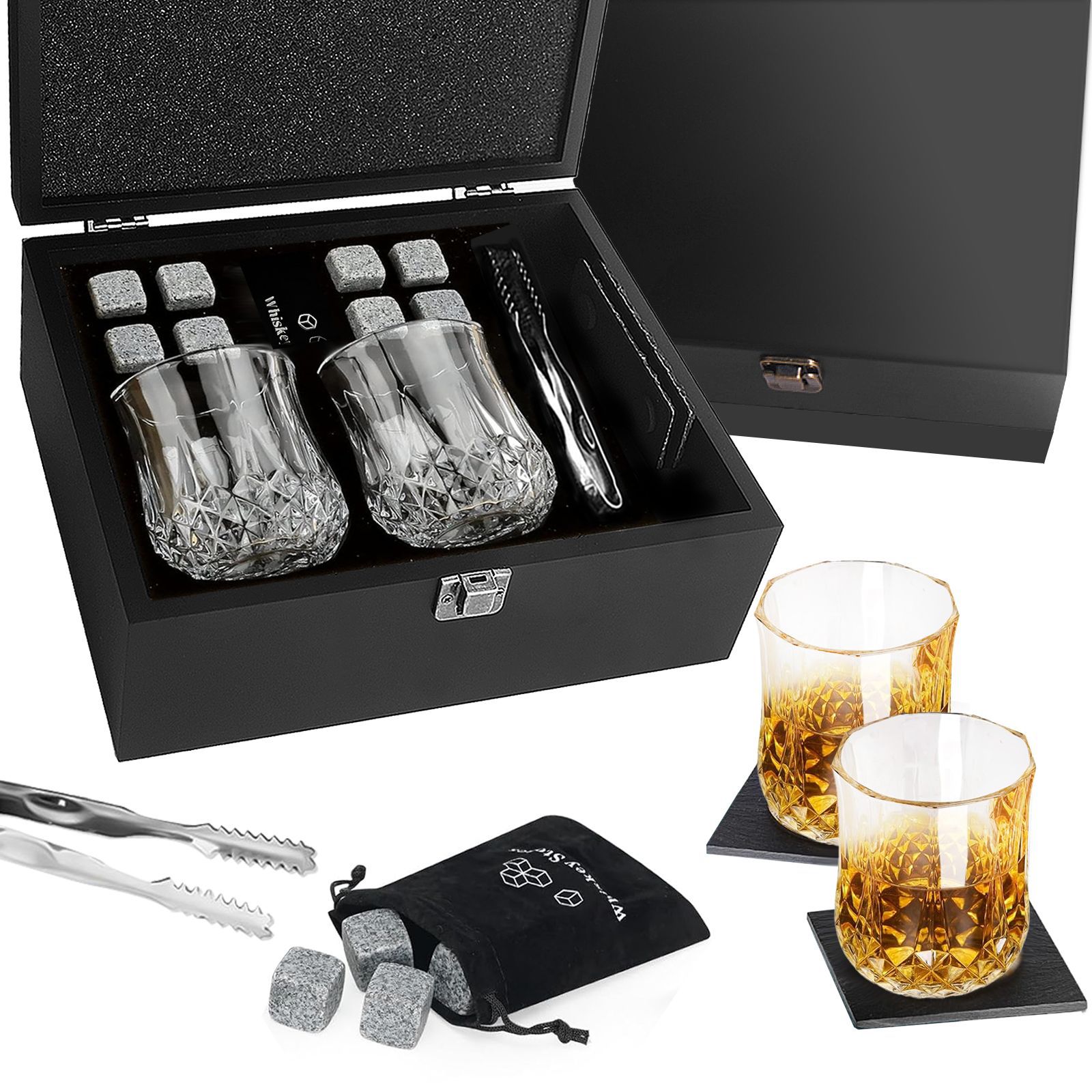 Juego de Vasos para Whisky con Piedras de Hielo y Caja de Madera, de Vidrio image 12