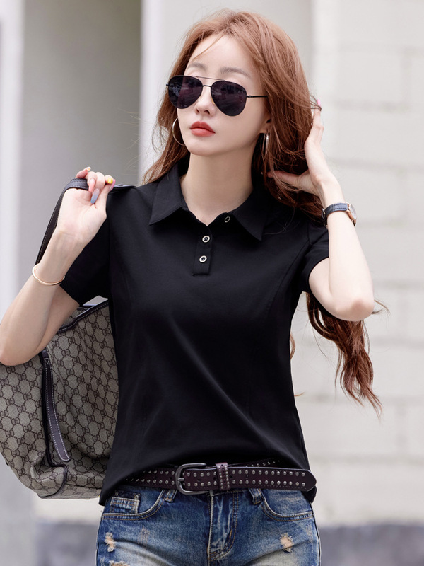 新しいポロカラーボタン付き夏服、ルーズカジュアルスポーツ半袖ラペル半袖Tシャツレディーストップス卸売|undefined