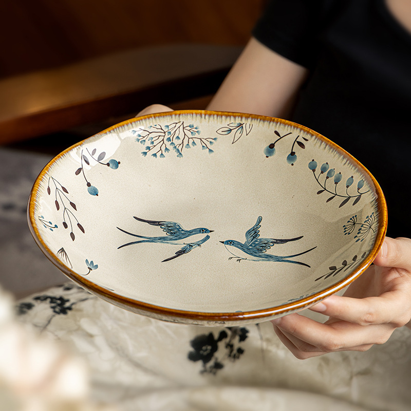 Japanese Retro 9inch Asymmetrical Deep Plate High-End Ceramic Dinner Plate Special Dish Plate Salad Plate Cross-Border Export