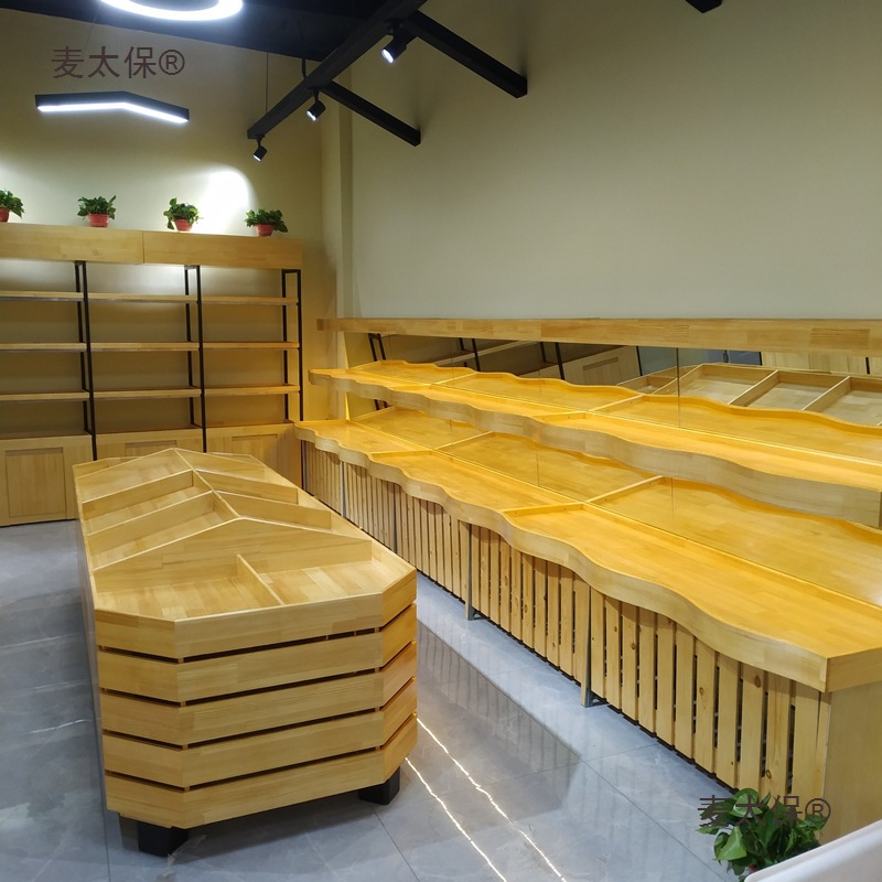 创意百果园果蔬店多层水果货架中岛边柜收银台松木质展示架麦太保