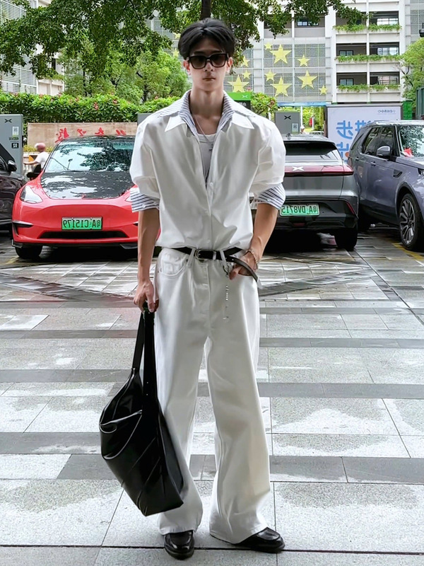 假两件拼接长袖衬衫男款夏季痞帅高级感条纹衬衣美式休闲防晒外套|undefined