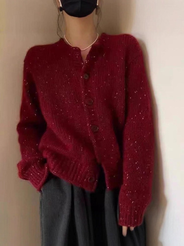 Autumn and winter bright silk Christmas red 100 wool cardigan for women European goods new life sweater thick sweater coat