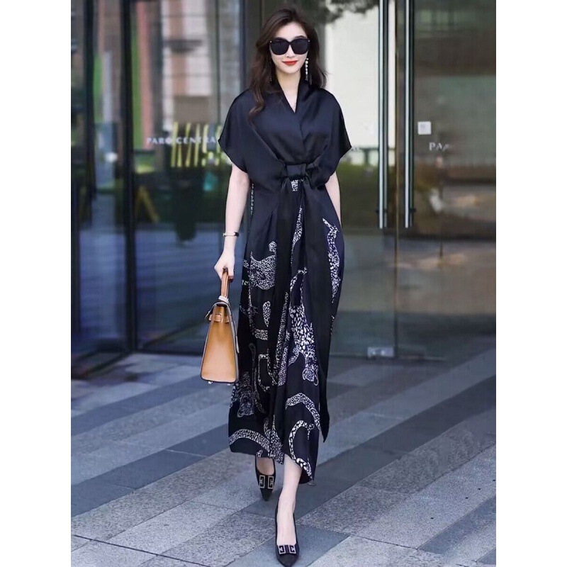 Dress for Women Summer New Satin Loose Large Size Short-Sleeved Imitation Silk Skirt Long Skirt