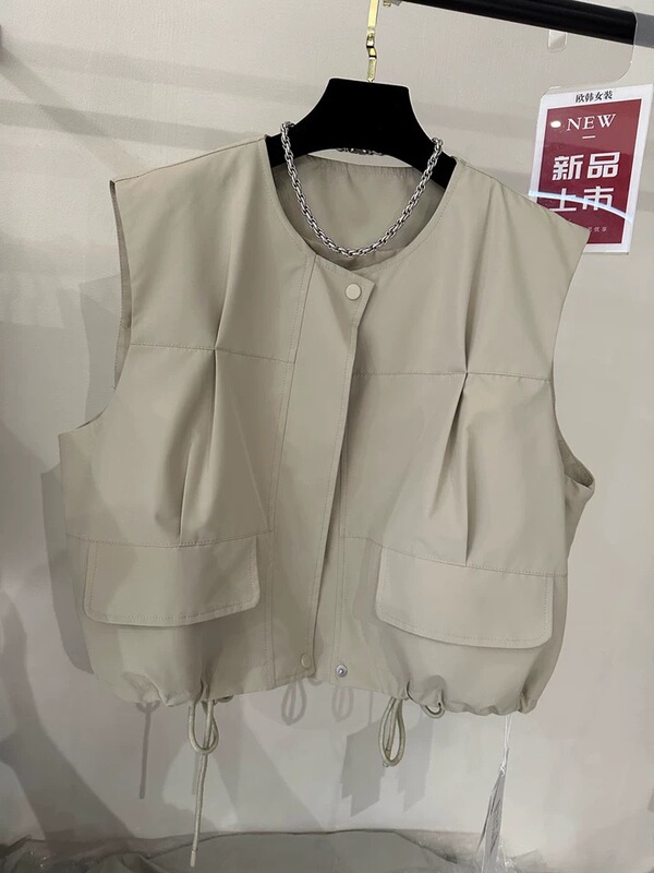高端欧货下摆抽绳口袋设计无袖马甲女2025年秋季新款宽松背心外套|undefined