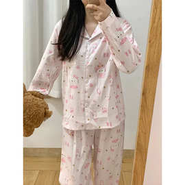 睡衣女春秋季ins韩版甜美卡通女士长袖长裤简约可外穿家居服套装