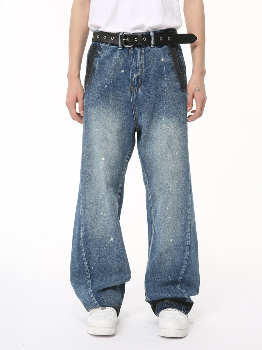 MTLCLOTHES Hombres| 2024 verano nuevo producto coreano retro lavado nicho azul diseño de jeans graffiti