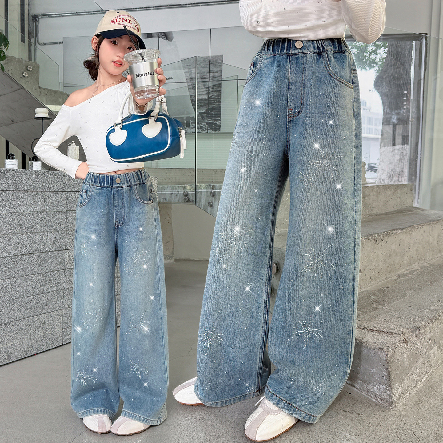 Girls' Rhinestone Firework Jeans, Spring and Autumn 2026 New Style, Korean Style, Trendy Straight Leg Wide Leg Pants for Big Girls