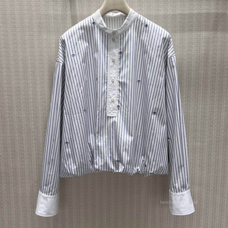 Blue and white vertical striped stand-up collar shirt for women, half-buttoned, elastic hem, loose fit, long-sleeved top ZC5935 Blue and white vertical striped stand-up collar shirt for women, half-buttoned, elastic hem, loose fit, long-sleeved top ZC5935