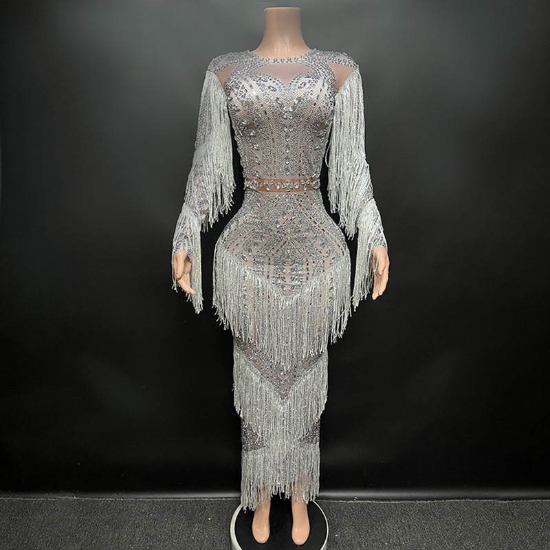2024 Clothing Rhinestone Tassel Handmade Evening Dress Senior Dress Women Elegant Long Sleeve Prom Long Dress Annual Party Long Sleeve