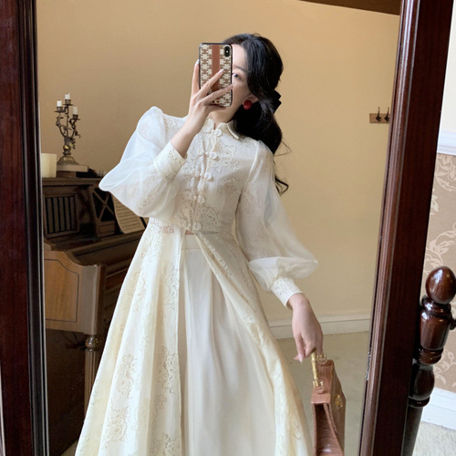 French-style modified cheongsam—lightweight, ethereal dress for young girls; a designer, niche, sophisticated two-piece skirt set.