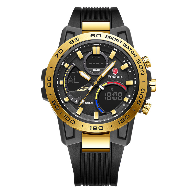 FOXBOX hombre nuevo cronógrafo multifuncional impermeable reloj despertador de doble pantalla reloj electrónico reloj deportivo para estudiantes