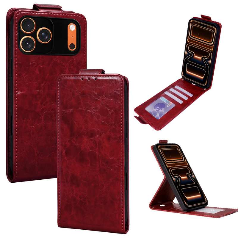 Suitable for Apple 18Pro Mobile Phone Leather Case Iphone17 Oil Wax Leather Multi-Card Slot 16E Full-Cover Flip-Up Case 14