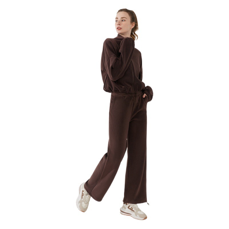 Suéter de cuello alto con cremallera de lana para mujer conjunto de dos piezas Otoño e Invierno engrosado cálido deportes Top pantalones traje casual