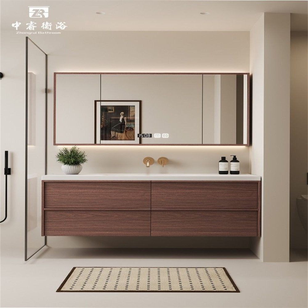 中古风骨骼线可丽耐岩板热弯无缝一体盆浴室柜组合洗脸洗漱台加工