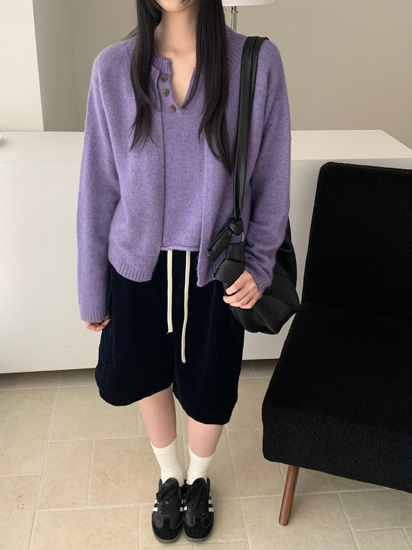 秋季新款！韩系高品质含羊毛假两件花朵扣休闲纯色舒适针织衫|undefined