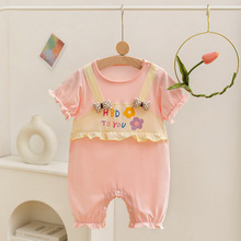 新款现货薄款短袖婴儿连体衣假两件纯棉A类0-2岁女宝背带夏季爬服