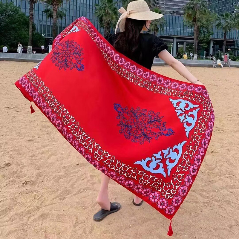 Sopa de satén de twill para mujeres 2025 bufandas de viento nacional de verano tibetanas bufandas de seda protector solar lago Qinghai turismo foto toalla de playa