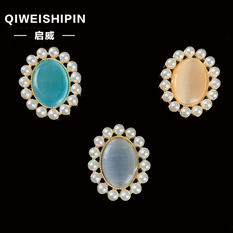Qiwei Pearl Rhinestone Oval Flower Plate Cat's Eye Diamond Buckle Alloy diy Bride Headwear Hole Shoes Alloy Accessories