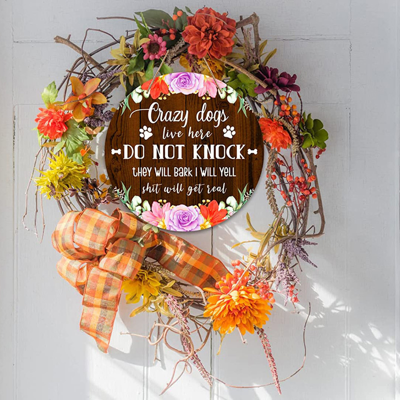 The House Where the Crazy Dog Lives Doesn'T Have a Door Knocker, a Wooden Sign That Says No Soliciting, and the Front Door Porch Wall Decoration Is Vintage