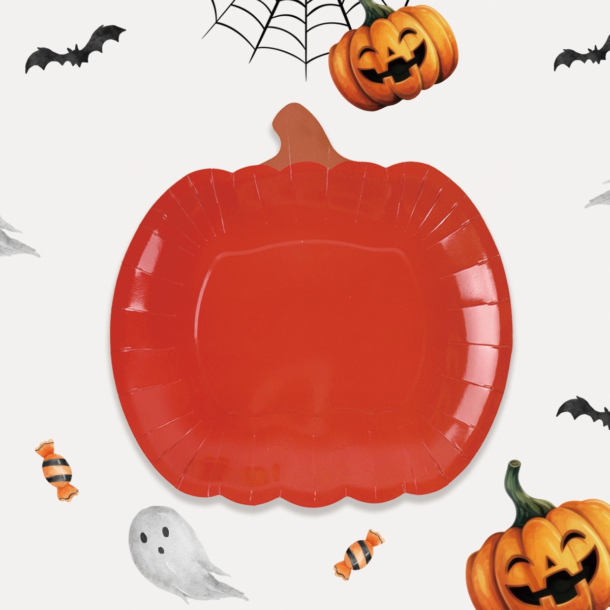 Transfronterizos Halloween forma de calabaza fiesta bandeja de papel desechable plato de fiesta conjunto de suministros de decoración