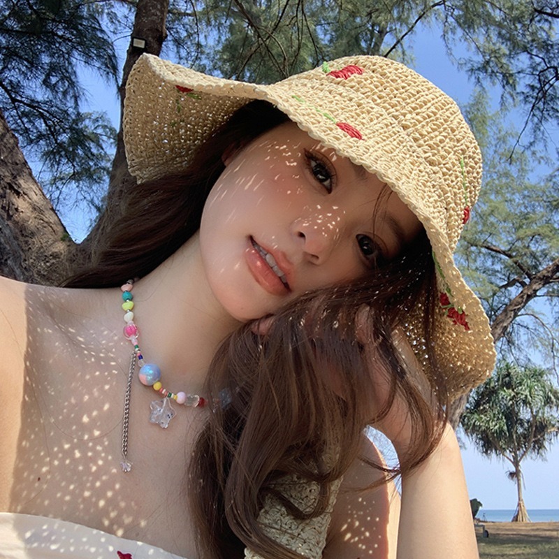 夏の桜麦わら帽子日本と韓国の新しいスタイルの植物と果物の大きなつばの日よけ帽子夏の屋外の甘くて多用途な麦わら帽子|undefined