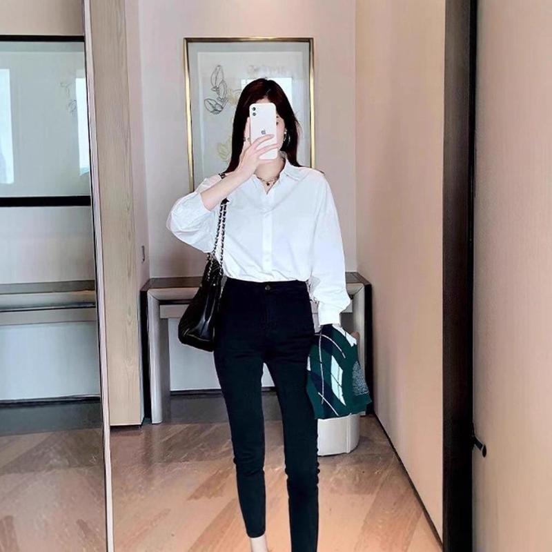 白衬衫女纯棉新款春秋设计感小众洋气女装上衣百搭休闲白色衬衣春|undefined