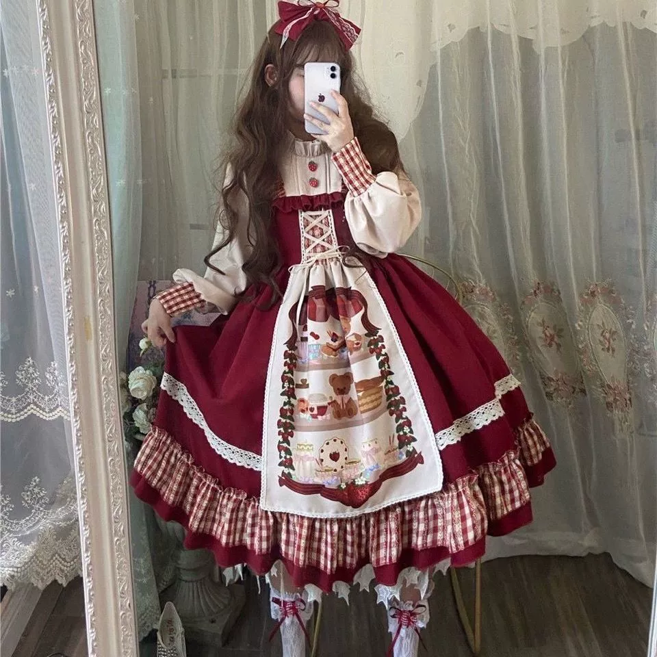 Красная Шапочка, японская юбка, стиль Лолита, Lolita OP, полный комплект, для подростков