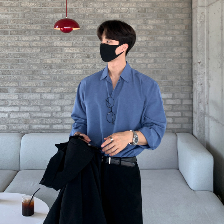 MYQ camisa de manga larga de los hombres de solapa otoño estilo coreano suelta camisa casual superior versátil color sólido camisa casual