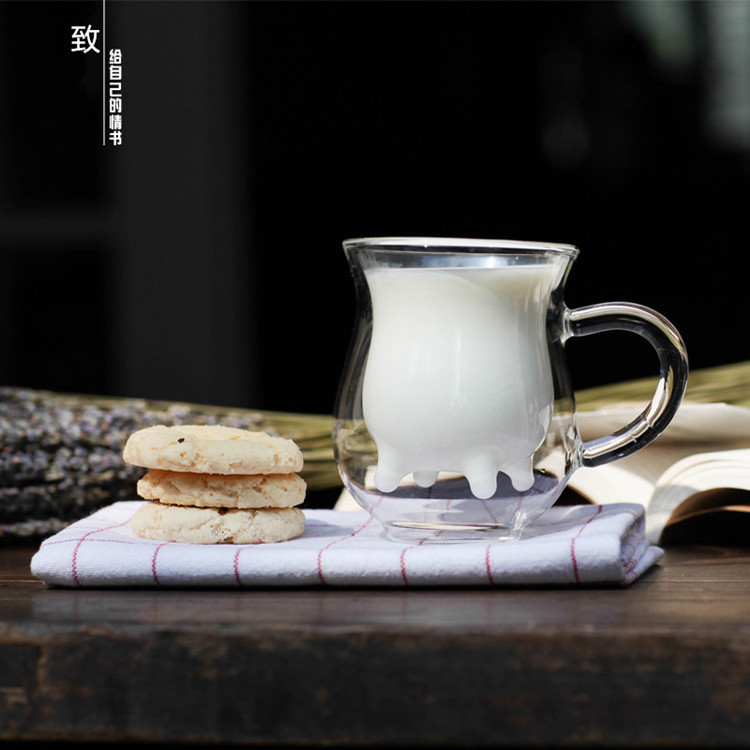 Hogar creativo vidrio de borosilicato de doble capa de vidrio taza de leche pequeña taza de vaca taza de jugo de vidrio