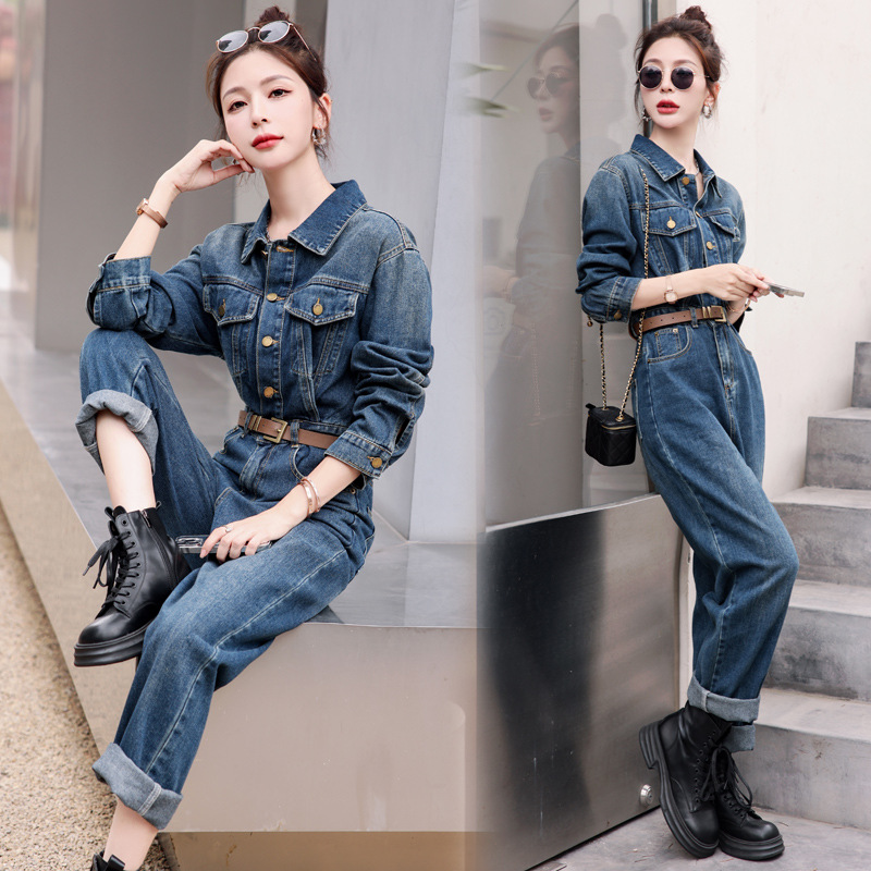 Real Shot of High-End Fashion Slim-Fit Denim Jumpsuit for Women, 2026 Spring and Autumn New Style, Elegant Waist-Cinching Workwear Jumpsuit