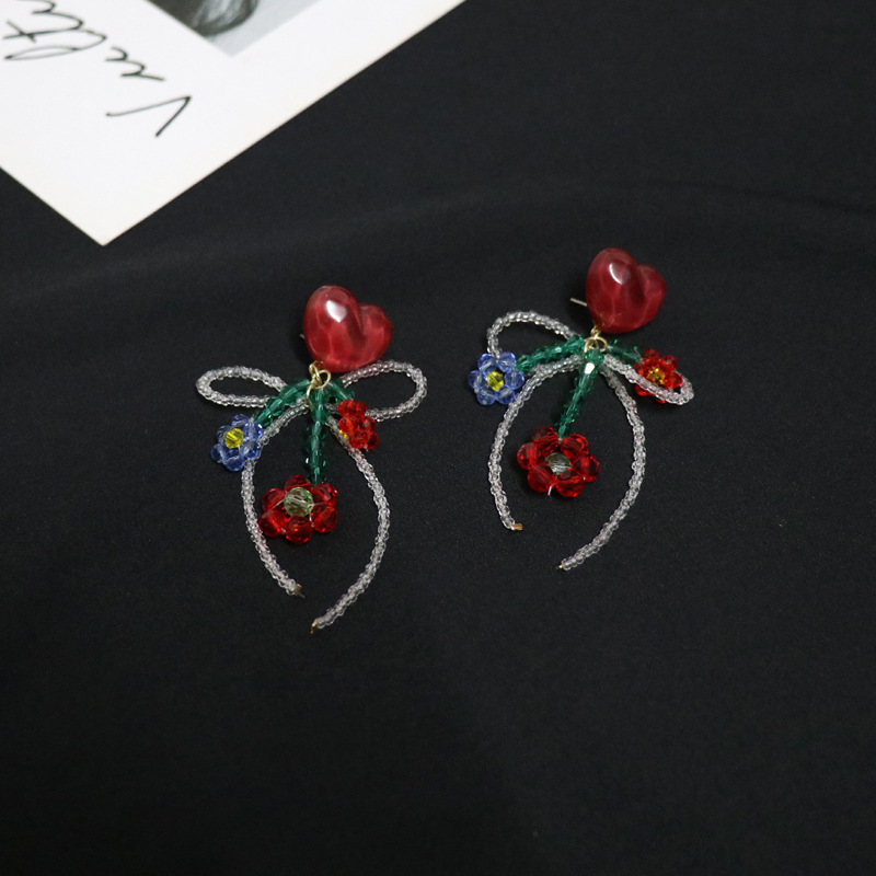 Fashion New Heart-shaped Red Flower Bead Bow Acrylic Earrings display picture 11