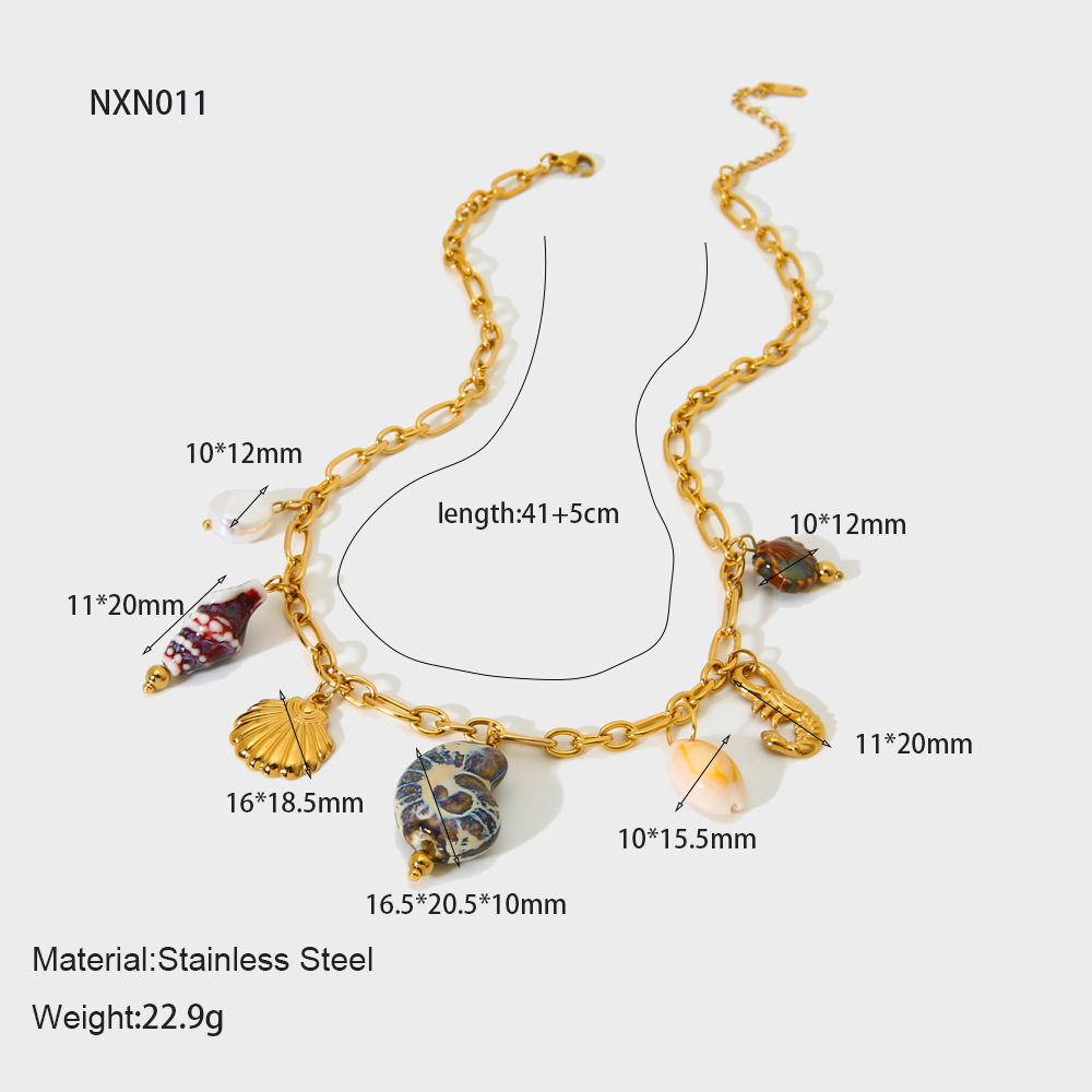 26g Weight 0.03µm-0.05µm Gold Plating Thickness Wholesale Jewelry Vintage Style Marine Style Scallop Conch Hippocampus 304 Stainless Steel Plating Cable Chain Multi Charms Necklace