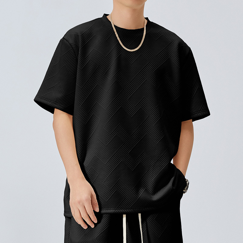 T8385 Plus Size Men's T-Shirt, Trendy Jacquard Loose Short-Sleeve American Style, Cross-Border Trade Men's Clothing Wholesale