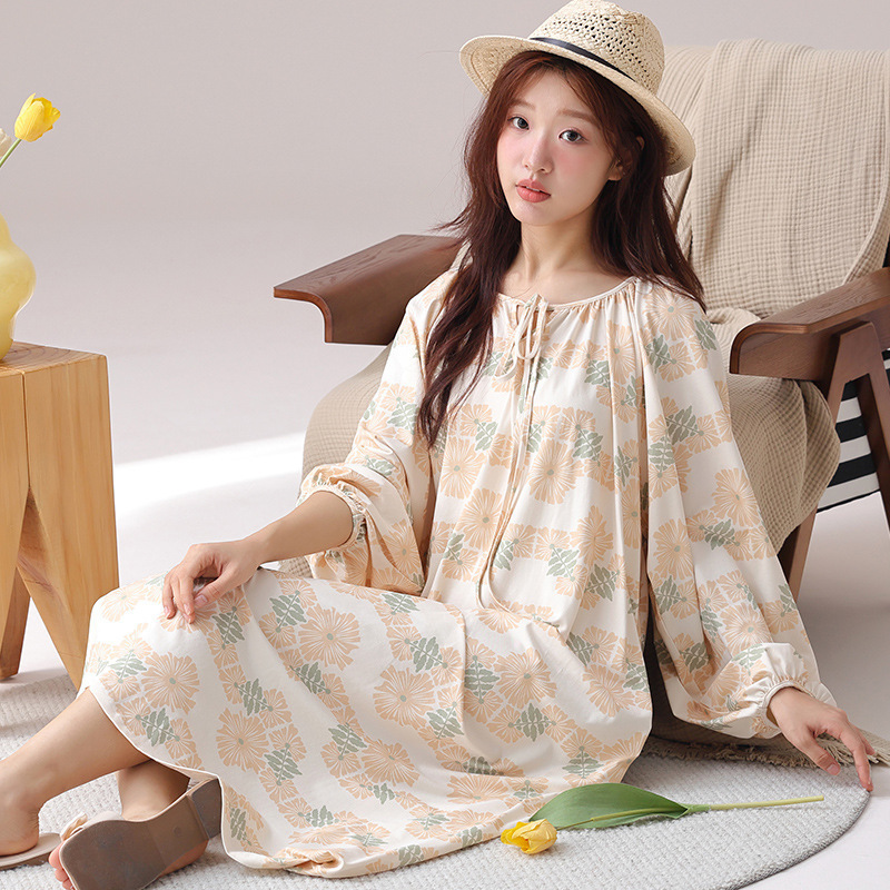 Nightgown for Women Spring and Autum 2024 New Retro Loose Fat mm Long-Sleeved Dress Plus Size Maternity Pajamas Home