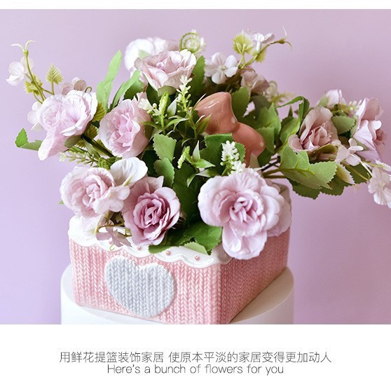 Cesta de cerámica rosa de corazón de niña Cesta de almacenamiento de flores para el hogar Cesta de almacenamiento de flores azules