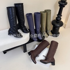 羊皮版~法式绑带小众设计感粗跟长筒靴女高筒骑士靴裤管靴堆堆靴