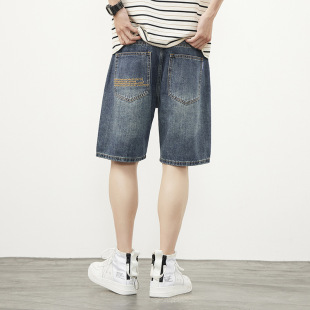 European and American Light Luxury Denim Shorts Men's Vintage Embroidered Loose Straight Mid-length Pants Ice-feeling Fashionable Summer Thin plus size Pants Trendy
