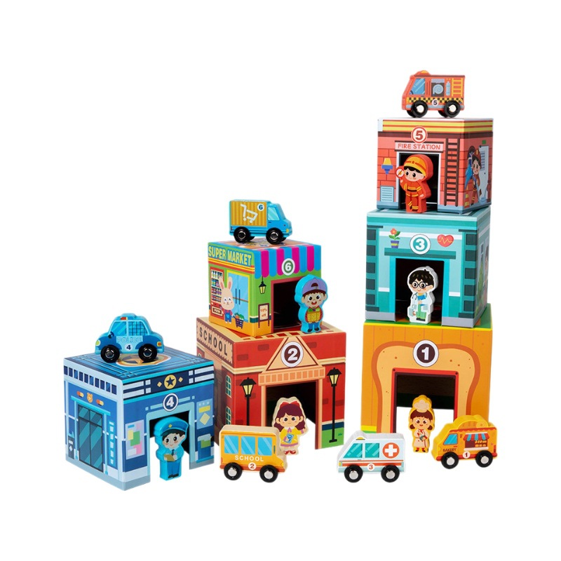 Juguetes de madera para niños, vista de la calle de la ciudad, automóvil seis en uno, bloques de construcción de partículas grandes, pensamiento lógico, caja de cognición de tráfico
