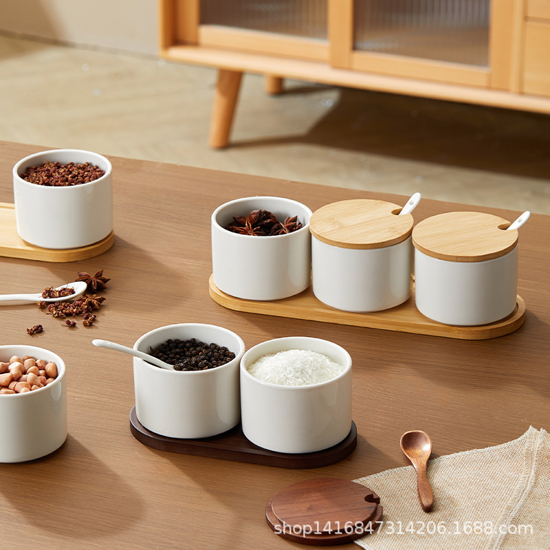 Juego de tarros de condimentos de cerámica para cocina, de madera maciza, gran capacidad, con tapa, incluye salero y tarro para glutamato.