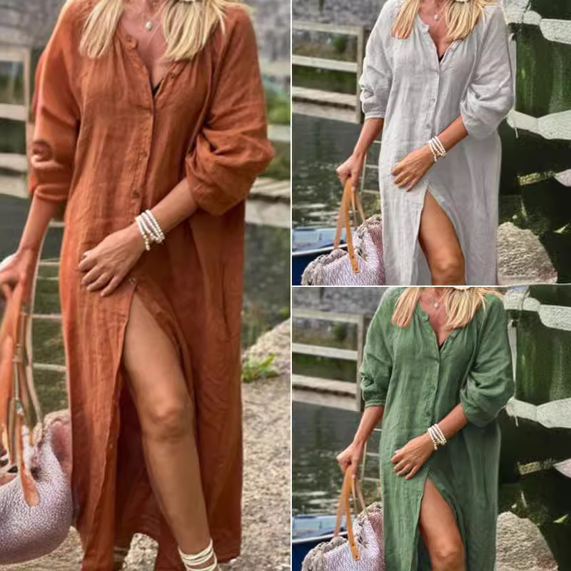 Amazon European and American Cross-Border Aliexpress Women's New Cotton and Linen Simple Loose Long-Sleeved Buttoned Cardigan Long Shirt