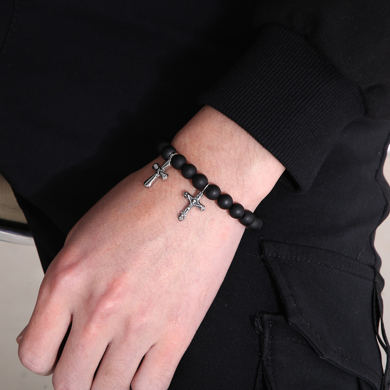 Cross, Crown Pattern Men's Gender Casual Punk Cross Crown Natural Stone Agate 18K Gold Plated Vacuum Plating Men's Bracelets Men Beaded Bracelets