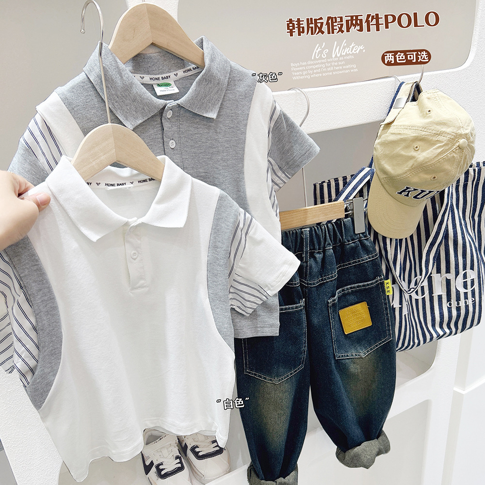 Boys' Short Sleeve T-Shirt Summer Children 2024 New Trend Half Sleeve Summer Dress for Middle Children False Two-Piece Casual POLO Shirt