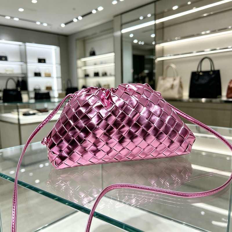 Cross-Border Bv Metallic Woven Drawstring Bucket Bag, Mirror-Like High-Gloss Drawstring Bag, Colorful Pleated Single-Shoulder Crossbody Bag for Women