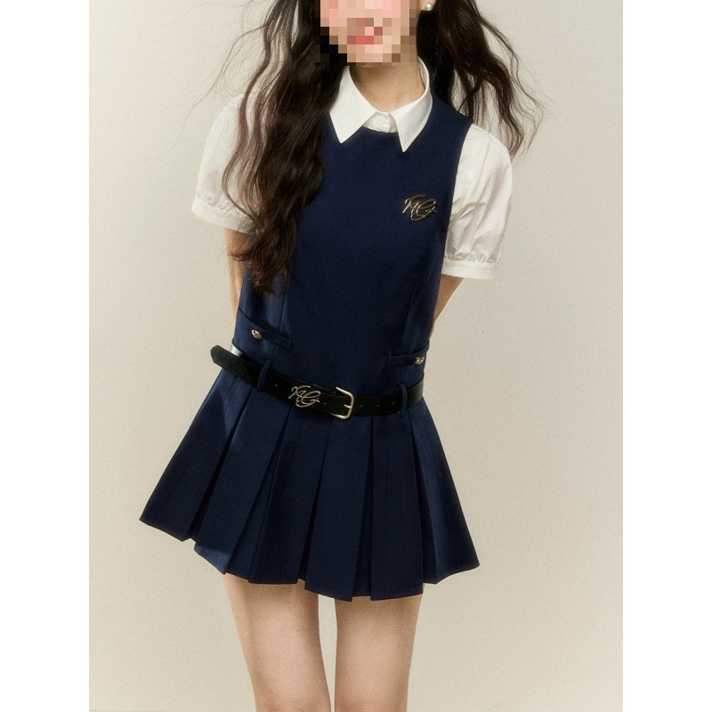 New 2025 Summer Korean College Style White Waist Shirt Short-Sleeved Top Sleeveless Pleated Dress Suit