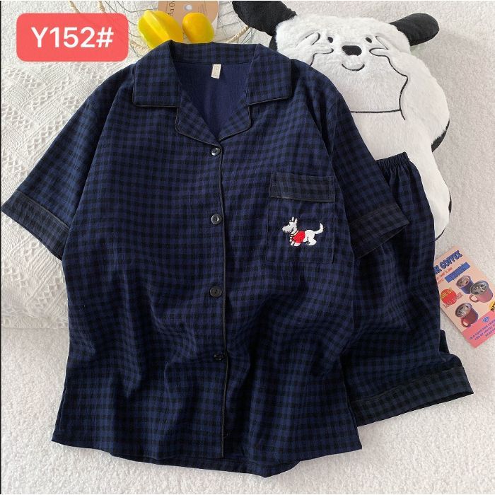 Pijamas de algodón de nube al por mayor transfronterizo para mujer nueva rebeca de verano solapa pantalones cortos de manga corta traje de servicio a domicilio dulce y lindo