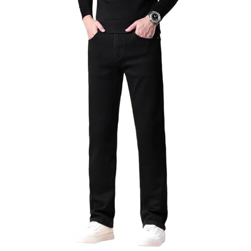 Velvet thick jeans, men's eight-quarter pants, high-end black, small man, no change, straight pants, slim casual men